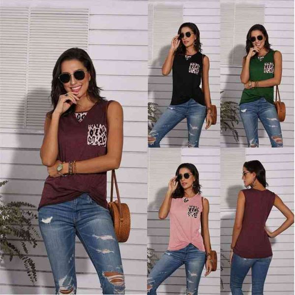 

women's t-shirt vest leopard pattern stitching pocket colored cotton summer sleeveless 7n4e, White