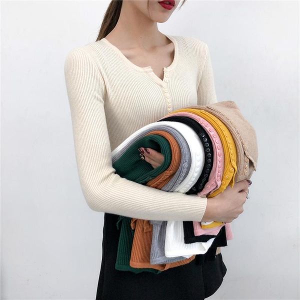 

women's sweaters 2021 autumn winter jumpers ladies single breasted women full sleeve button v-neck sweater knitted basic elasticity pul, White;black