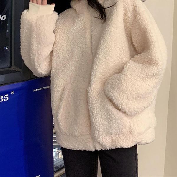 

women's jackets women with hat zipper solid simple lambswool loose warm thicken plus velvet coat big size 2xl sweet korean trendy jacke, Black;brown