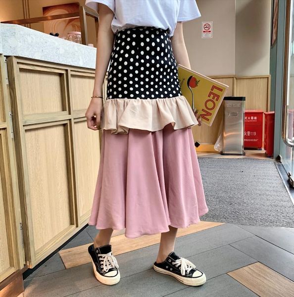 

skirts [ewq] 2021 spring and summer high-waist printed wave point stitching ruffled design trend women's all-match skirt qx07214m, Black