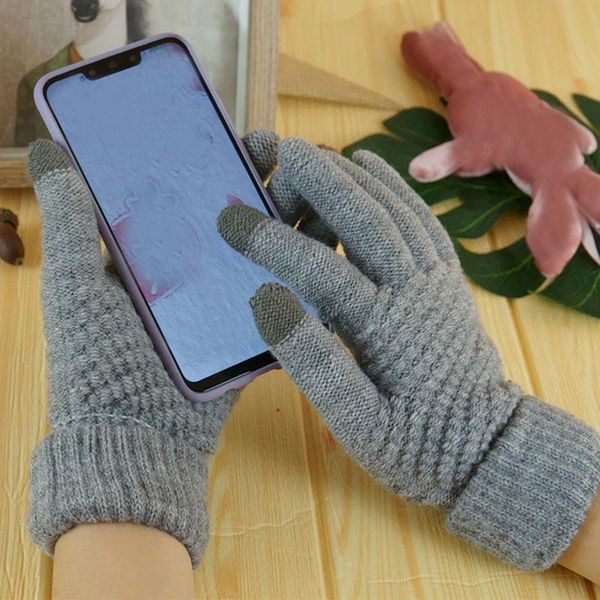 

five fingers gloves mittens women' winter womens keep warm cashmere solid color printed knitted flip, Blue;gray