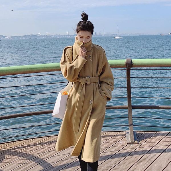

women's wool & blends khaki woolen trench coat autumn winter women vintage elegant double breasted belt loose casual long blue windbrea, Black