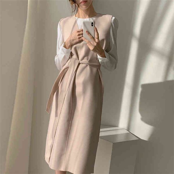

sleeveless autumn spring women dresses sashes solid split straight knitting warm sweater elegant office ladies 179i 210420, Black;gray