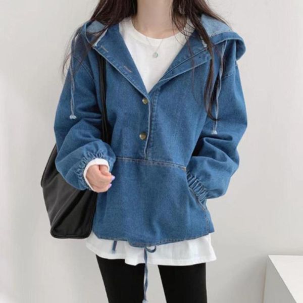 

women's jackets autumn ladies clothes 2021 loose all-match hooded denim sweater big pocket drawstring pullover blouse jacket fashion, Black;brown