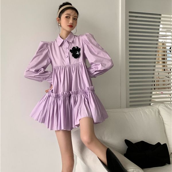 

casual dresses purple puff sleeve ruffle shirt women collared mini a line patch cute long korea fashion spring 7ze5, Black;gray