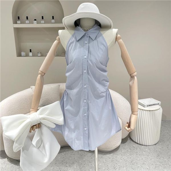 

casual dresses niche design women's clothing summer 2021 fashion collar slim pleated sleeveless single breasted dress, Black;gray