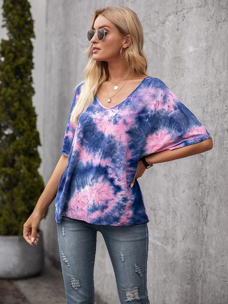 

women's t-shirt 2021 summer casual tie dye printing color loose round neck short sleeve for women, White