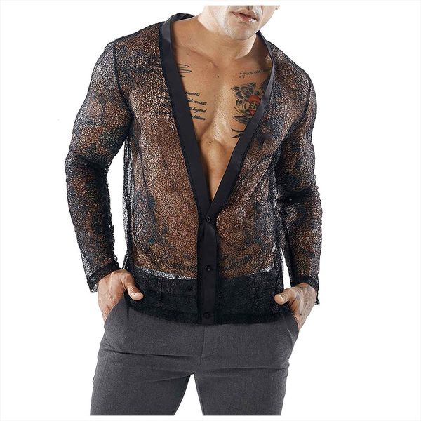 

trendy masculine long sleeved men polos slim body club party full solid color transparent mesh cardigan sleeve g30, White;black