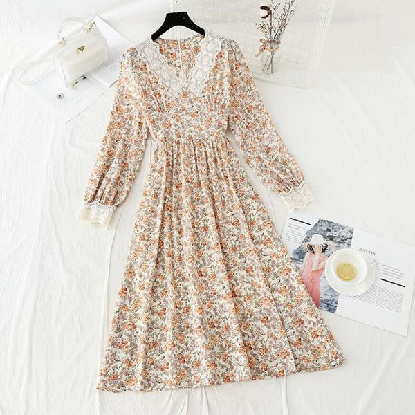 

dresses 2021 vintage lace v-neck sleeve chiffon women floral print high waist female a-line long spring vestidos, Black;gray