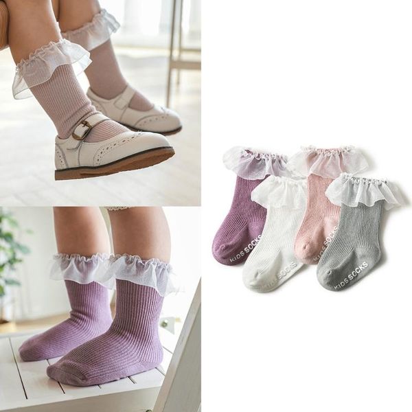 

toddler baby girls frilly lace trim cotton socks ribbed striped solid color infants princess non-slip letters stockings, Pink;yellow