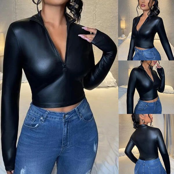 

autumn spring women elastic pu t-shirt leather clothing zipper v-neck long-sleeved slim-cut solid color pullovers tees, White