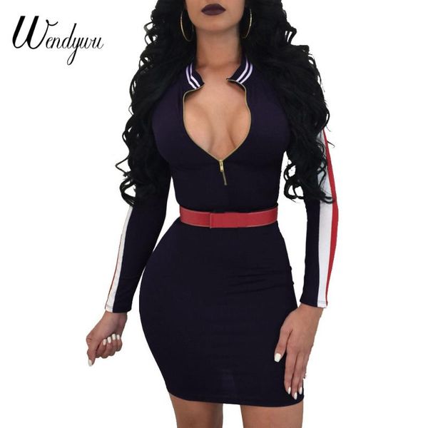 

casual dresses wendywu 2021 women winter bandage dress celebrity party autumn long sleeve front zipper v neck vestidos, Black;gray