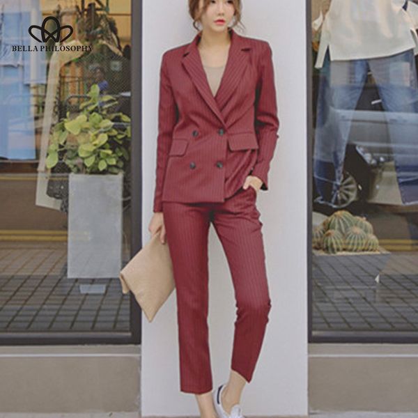 

wonder autumn stripe double breasted blazer suit office lady elegant four colours pants two piece set 210510, White;black