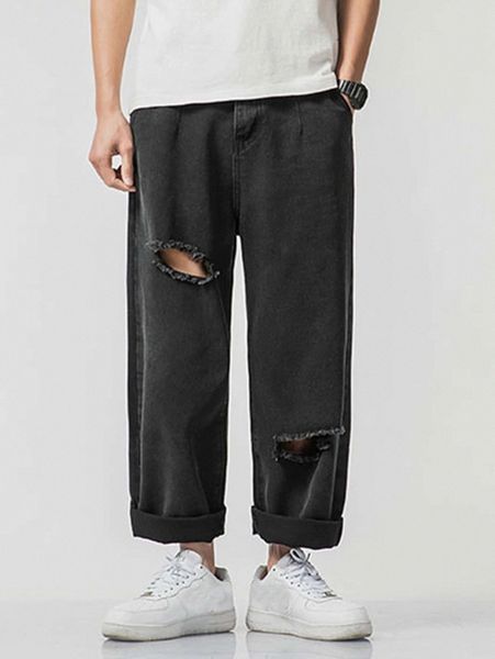 

men ripped solid oversized jeans m95d#, Blue