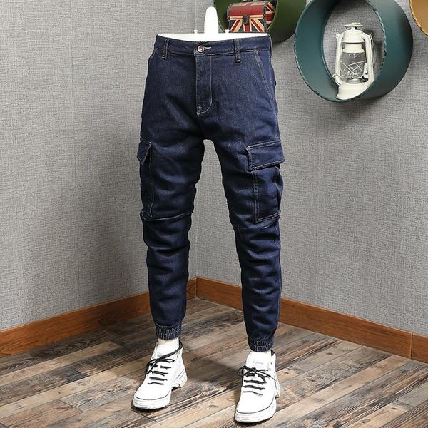

men's jeans summer cargo pants men baggy hip hop streetwear multi pockets thin ankle-length, Blue