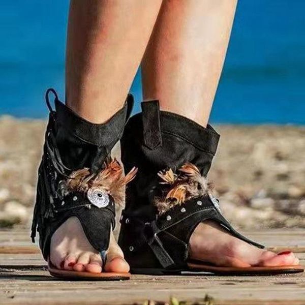 

summer women retro tassel sandals ladies feather flops casual clip toe shoes for female rome slippers women's plus size, Black