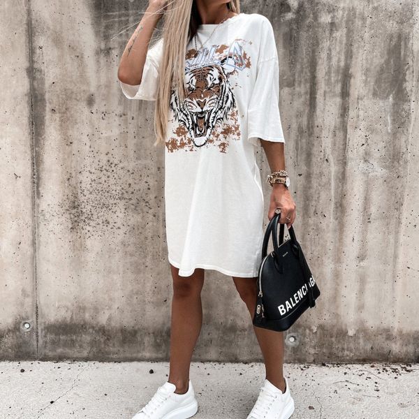 

american style aminal tiger head printing t shirts cotton oversized graphic o-neck half sleeve summer fashion lady, White