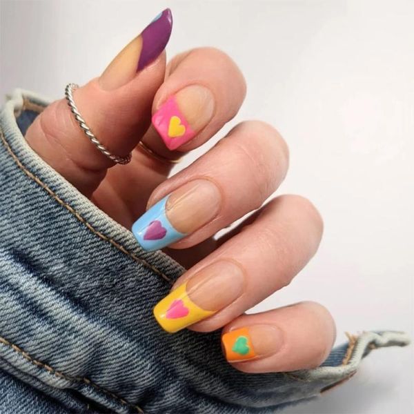 

false nails 24pcs love heart printed nail patch rainbow color glue type removable short paragraph fashion manicure soyw889, Red;gold