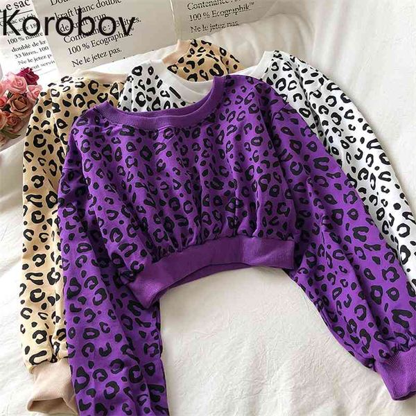 Коробов леопардовые кофты женские о шеи с длинным рукавом повседневная высокая улица верхняя одежда корейский свободный короткий пуловер толстовки для женщин 210430