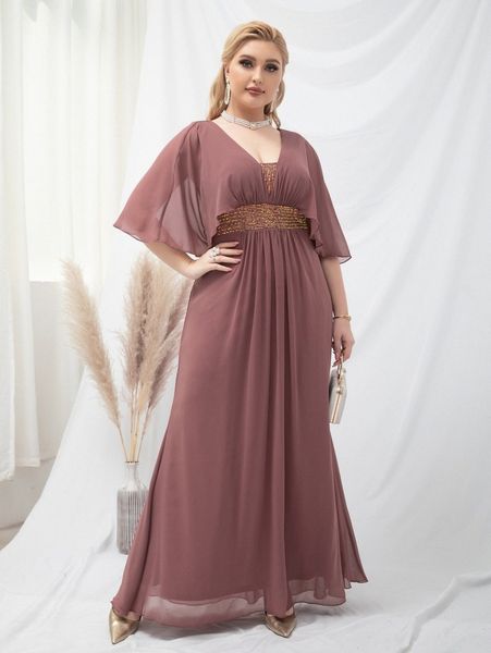 

plus cloak sleeve contrast tape chiffon prom dress w5pv#, Black