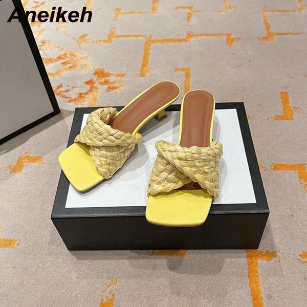 

aneikeh summer fashion shallow square low heels women daily sandals concise rope weaving open toe ladies outside slippers, Black