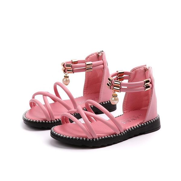 

children's summer sandals zipper soft bottom princess pearl open-toe shoes for large middle-aged kids girls flat beach, Black;red