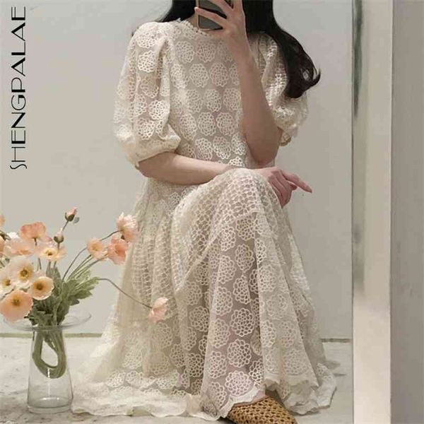 

apricot lace hook flower dress women's summer round neck puff short sleeve mid-calf dresses female tide 210427, Black;gray