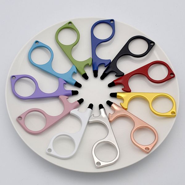 

party favor metal safety touchless door opener stylus key hook hands handle tool keychain with silicone head