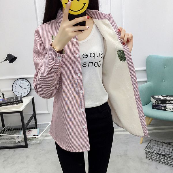 

women's blouses & shirts winter velvet thick warm blouse women striped office shirt female long sleeve lady embroidery cotton outwear, White