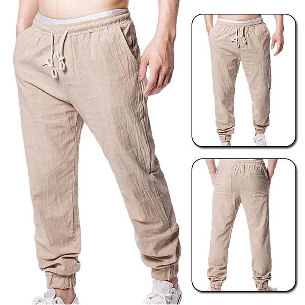 

men summer pants casual cotton linen pant solid color mid rise trousers male breathable fashion loose harem men's, Black