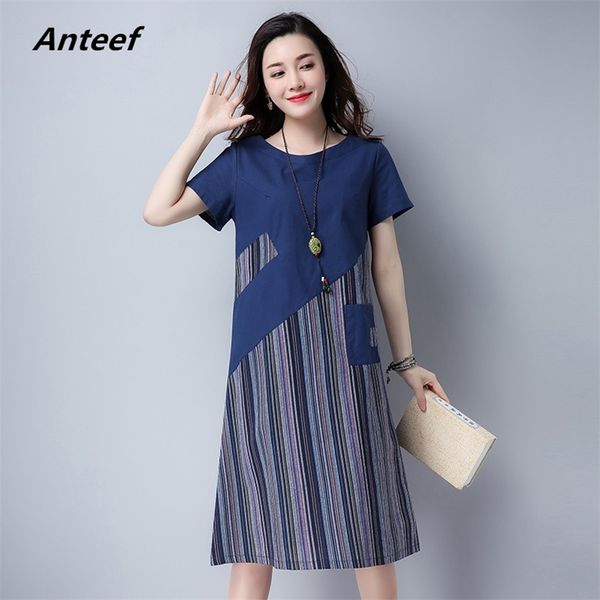 

cotton linen plus size vintage stripe women casual loose midi summer sun dress elegant clothes ladies dresses sundress 210517, Black;gray