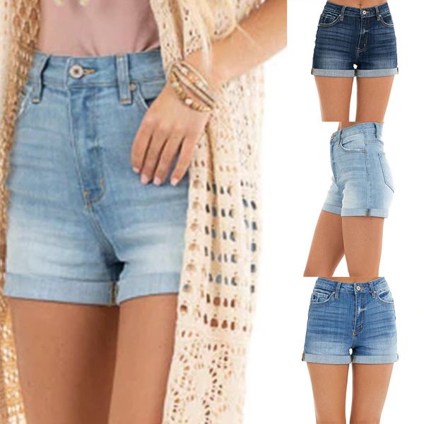 

women's jeans summer curled high waist solid color straight casual shorts, Blue
