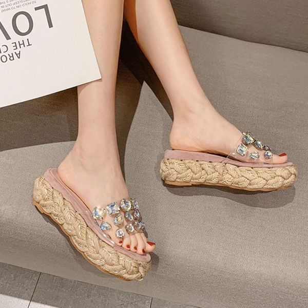 

straw rope slippers platform wedges rhinestone sandals women thick bottom slides shoes woman party, Black