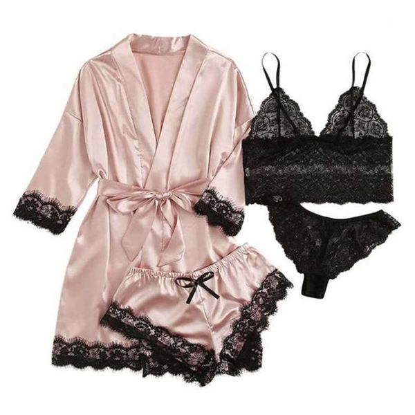 

Satin Lace Women Pamas Sleep Robe 4pcs Set Fashion Style Home Clothing Suit Ladies Sexy Bra Shorts Underwear
