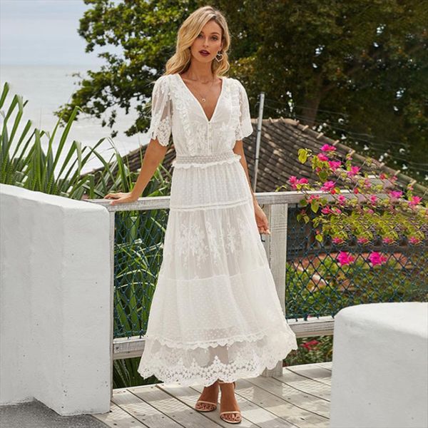 

elegant hollow out white long womens dresses lace cross semi sheer plunge v neck short sleeve maxi princess vestidos, Black;gray