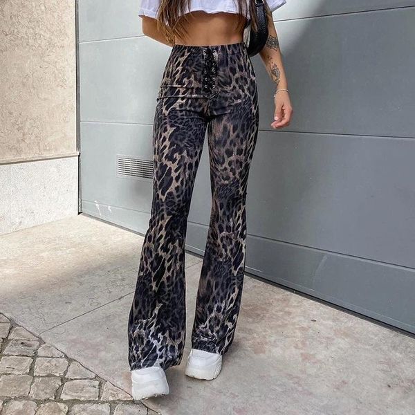 

leopard pint bandage women's flare pants spring high waist female long pant autumn 2121 trend streetwear casual ladies bottoms & capris, Black;white