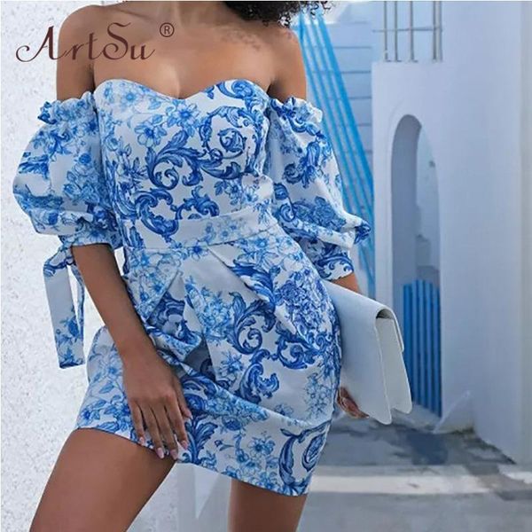 

party dresses floral print fashion blue puff sleeve mini dress 2021 summer holiday women off shoulder vestido, White;black