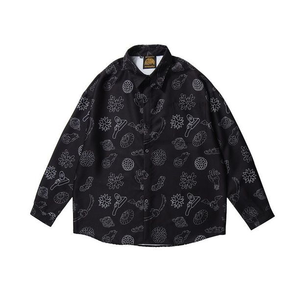 

long-sleeved printed shirt male student korean version loose autumn winter harajuku bf hong kong men multi-patterned men's casual shir, White;black