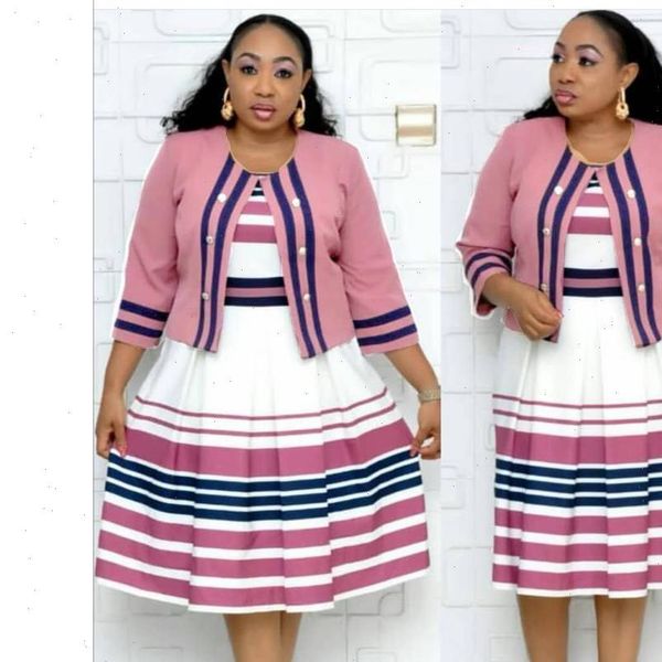 

summer plus size twice piece womens tracksuits set short coat with knee length dress striped print two casual suit xl6028, Gray