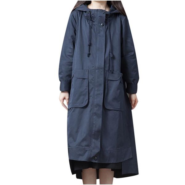 

women's trench coats hoodie long for women windbreaker solid color loose mid-length over-the-knee hooded outwear, Tan;black