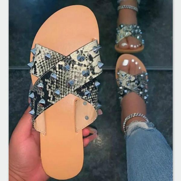 

summer women slippers outside slides woman snake print cross rivet fashion ladies flat shoes bigger size 40 41, Black