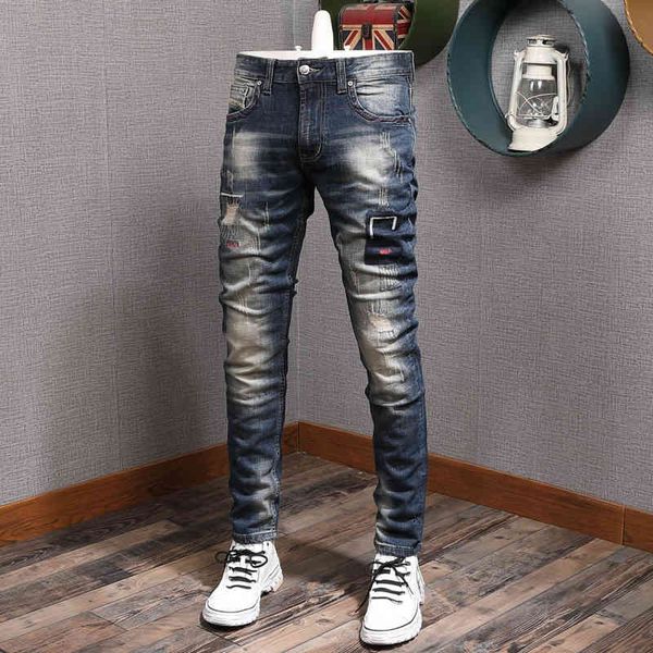 

jeans fashion streetwear men jeans vintage retro blue ripped cotton denim pants embroidery patchwork hip hop trousers