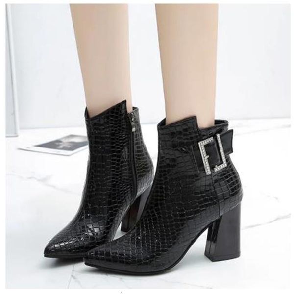 

fashion rhinestone buckle square ankle boots women pointed toe high heels shoes woman patent leather winter botas 3dbk, Black