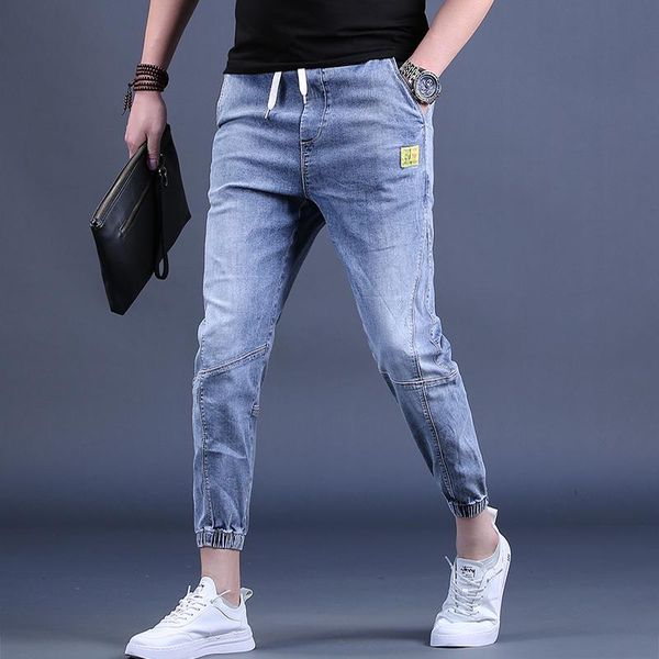 

men's jeans light blue summer streetwear casual slim fit ankle-length pants male drawstring denim trousers