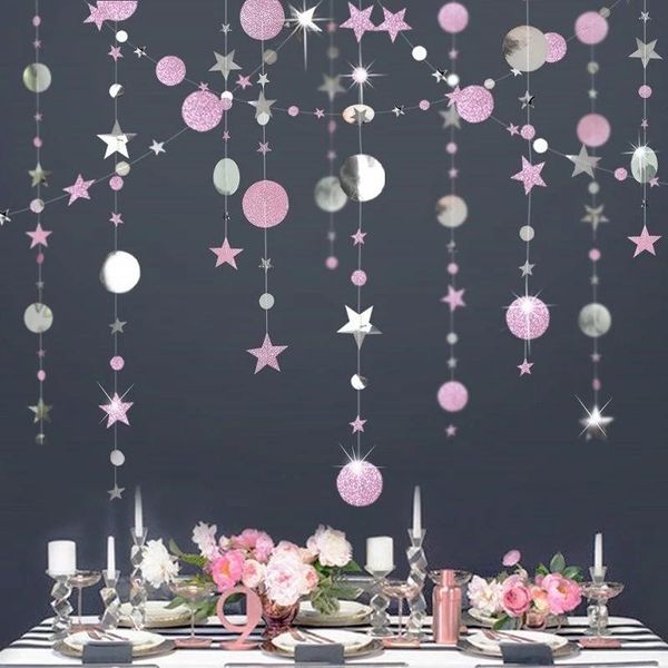 

party decoration 2pcs 4m silver pink paper star round garland banner happy birthday kids first girl baby shower woman