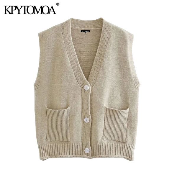 

women fashion with pockets loose knitted vest sweater sleeveless button-up female waistcoat chic 210420, Black;white