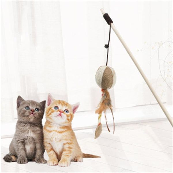 

cat toys wood pet stick interactive funny kitten fish rod play fun toy elastic rope with small bell feather for cats biting bite