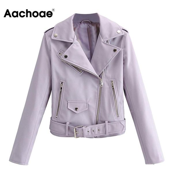 

aachoae fashion women pu faux leather jacket with belt 2021 turn down collar solid coat outerwear ladies long sleeve chic women's &, Black