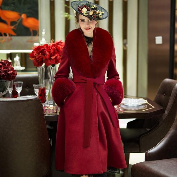 

women's wool & blends cashmere coat mid-length big fur collar 2021 autumn/winter fashion slim knee tweed zimmerman, Black
