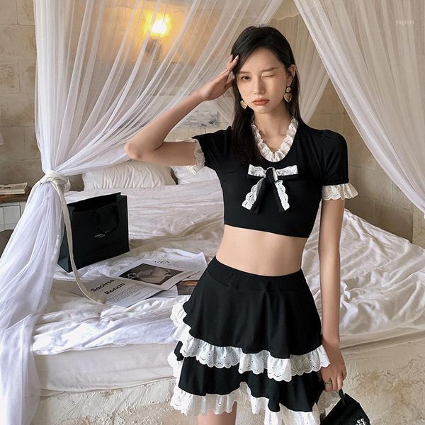 

women's swimwear ruffle high neck bowknot bathsuit short sleeve beachwear female two piece bikini set trikini swimsuit korea design, White;black